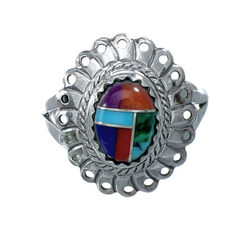 Southwestern Manmade Multicolor Inlay Sterling Silver Ring Size 7-1/2 JX131079